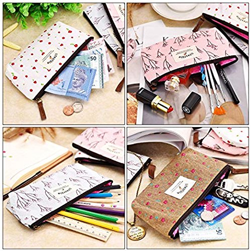 [Australia] - Onwon 4 Pieces Makeup Bag/Travel Cosmetic Pouch Handbag Canvas Countryside Flower Floral Printing Pencil&Pen Cases 