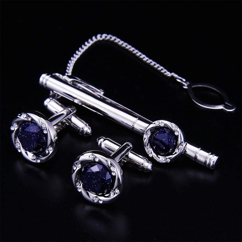 [Australia] - BagTu Crystal Galaxy Cufflinks and Tie Clip Set with Gift Box and Greeting Card, Round Dark Blue Cufflinks and Tie Clip Gift Set for Men 