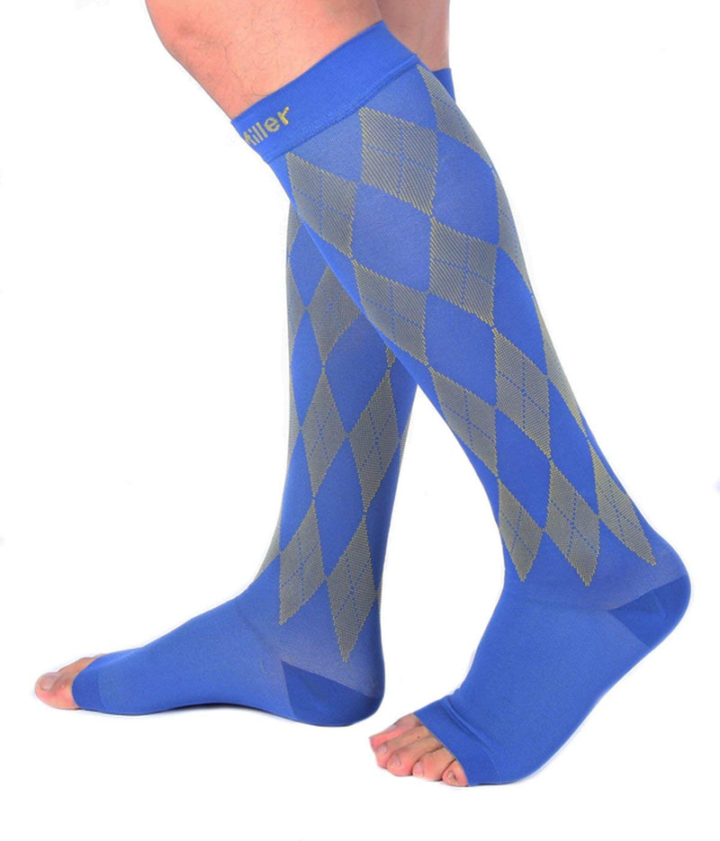 [Australia] - Doc Miller Open Toe Compression Socks Women 20-30mmHg, 1 Pair Toeless Socks for Women and Men - Argyle Design Small Yellow.blue Open Toe 