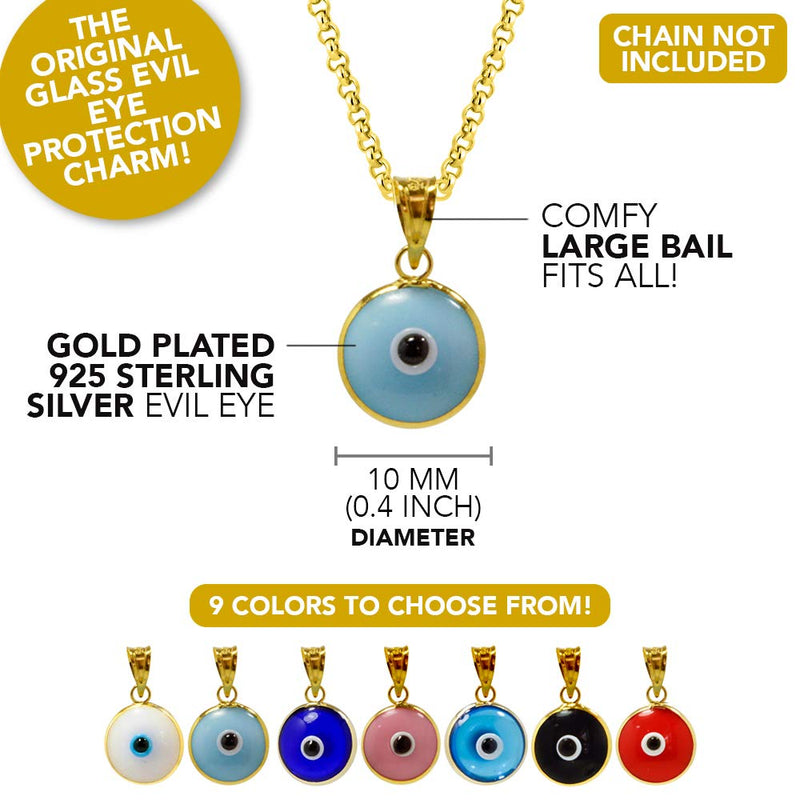 [Australia] - MIZZE Made for Luck Gold Plated 925 Sterling Silver 10 MM Round Glass Evil Eye Charm Pendant - 7 Colors to Choose from Baby Blue 