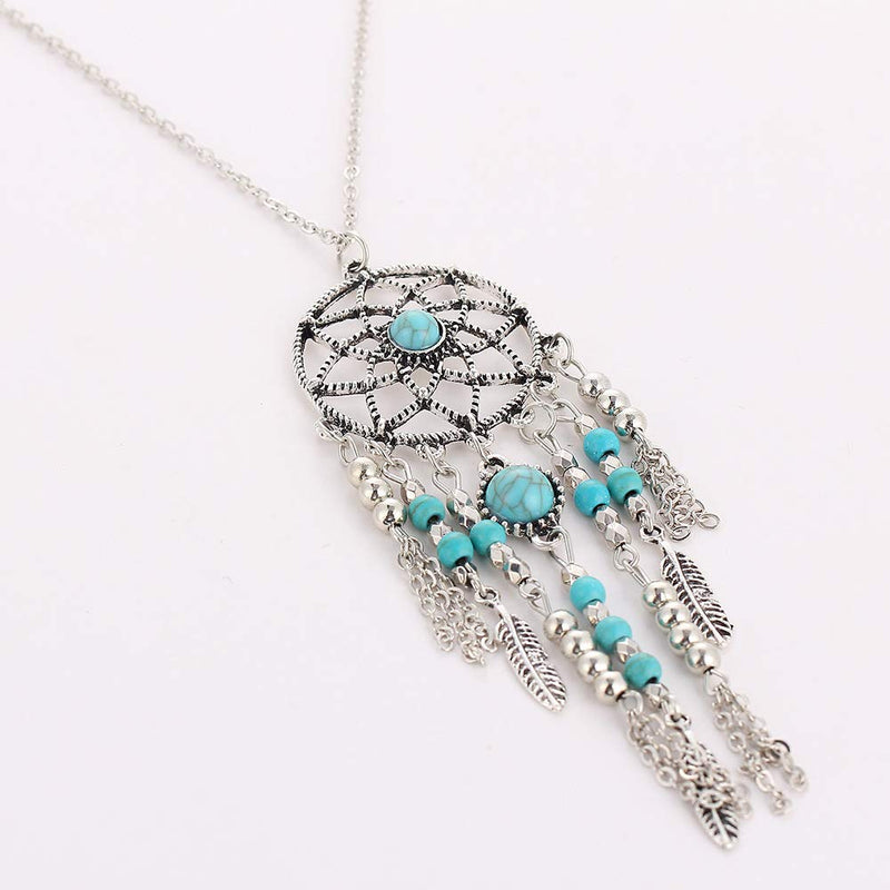 [Australia] - CrazyPiercing Retro Silver Tone Chain Necklace, Vintage Dream Catcher Turquoise Feather Pendant Long Chain Necklace Jewelry for Women Girls 