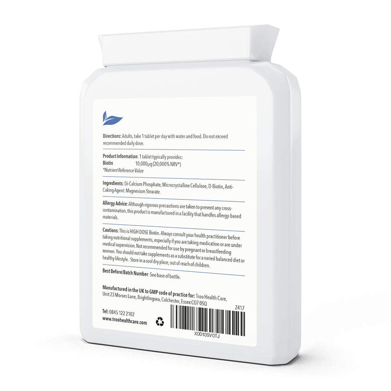 [Australia] - Biotin 10000�g Supplement - 120 High Strength 10000 mcg Vitamin B7 Tablets for Hair Skin and Nail Support - UK Manufactured to GMP Standards - 4 Month Supply 