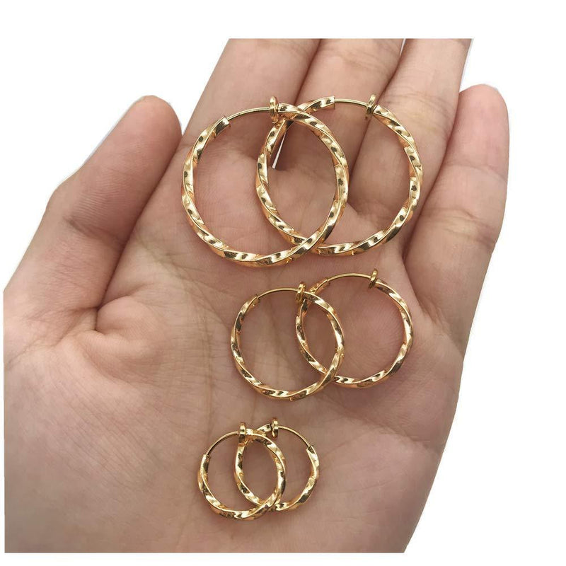 [Australia] - Mannli 3 Pairs Clip On Twisted Hoop Earrings Non Piercing Earrings Set for Women Girls, Gold 15-30MM 