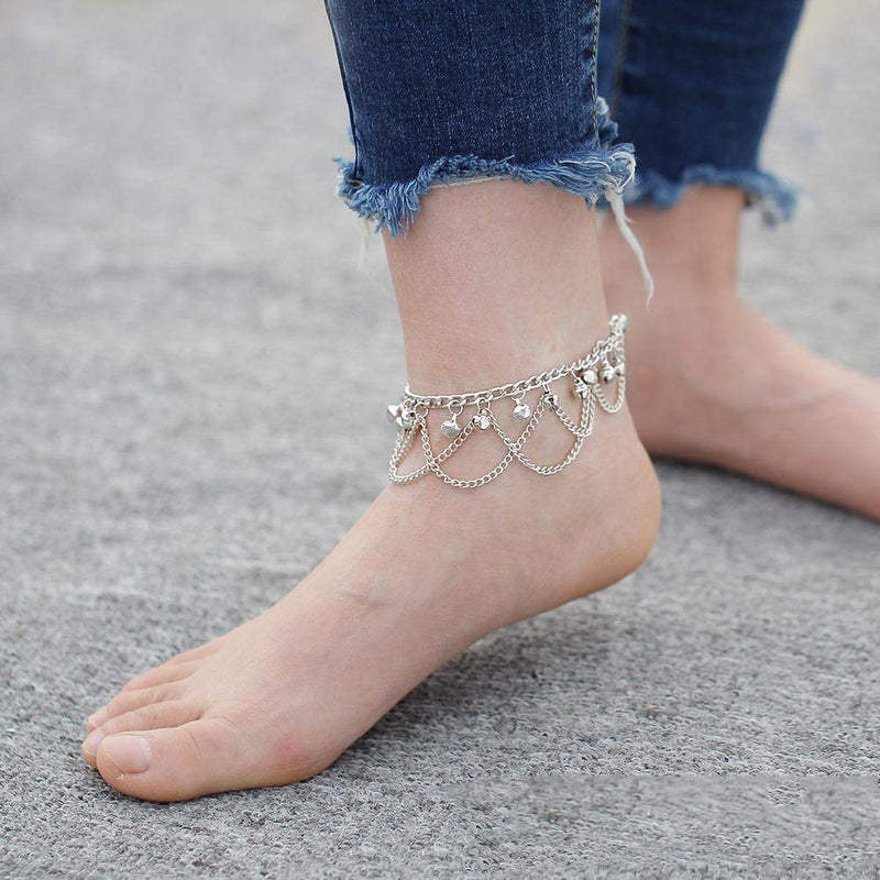 [Australia] - Adflyco Boho Anklets Tassel Anklet Bracelets Bell Beach Foot Jewelry Adjustable for Women and Girls (Silver) Silver 