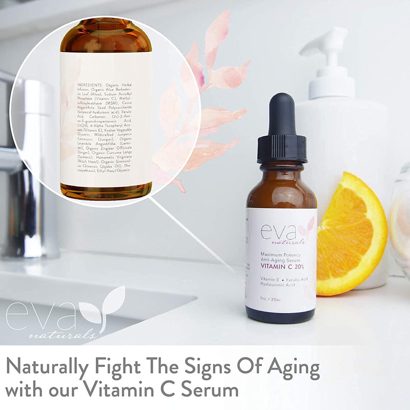 [Australia] - Eva Naturals Vitamin C Serum 20% for Face, Anti-Aging Formulation with Ferulic & Hyaluronic Acid, Vitamin E (30 ml) 