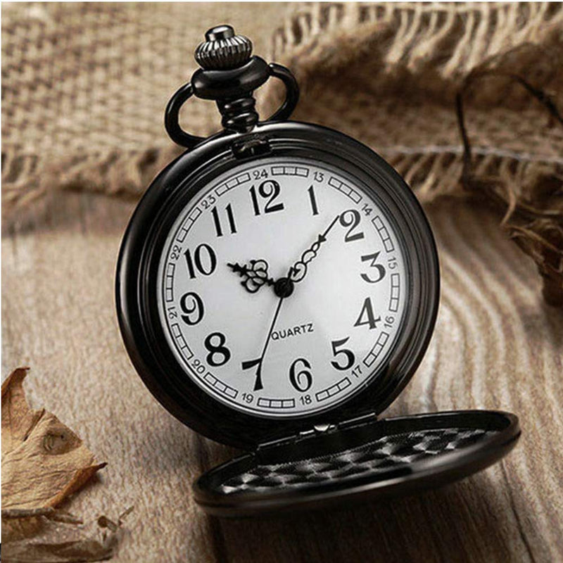 [Australia] - LYMFHCH Classic Smooth Vintage Quartz Pocket Watch, Arabic Numerals Scale Mens Womens Watch with Chain Christmas Graduation Birthday Gifts Fathers Day Black 