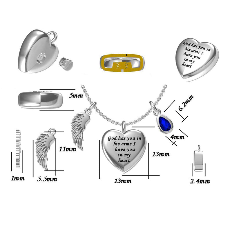 [Australia] - oGoodsunj S925 Sterling Silver Cremation Jewelry Heart Urn Necklace for Ashes Angel Wing Jewelry Memorial Pendant with 12 PCS Birthstones - God Has You in His Arms I Have You in My Heart September 