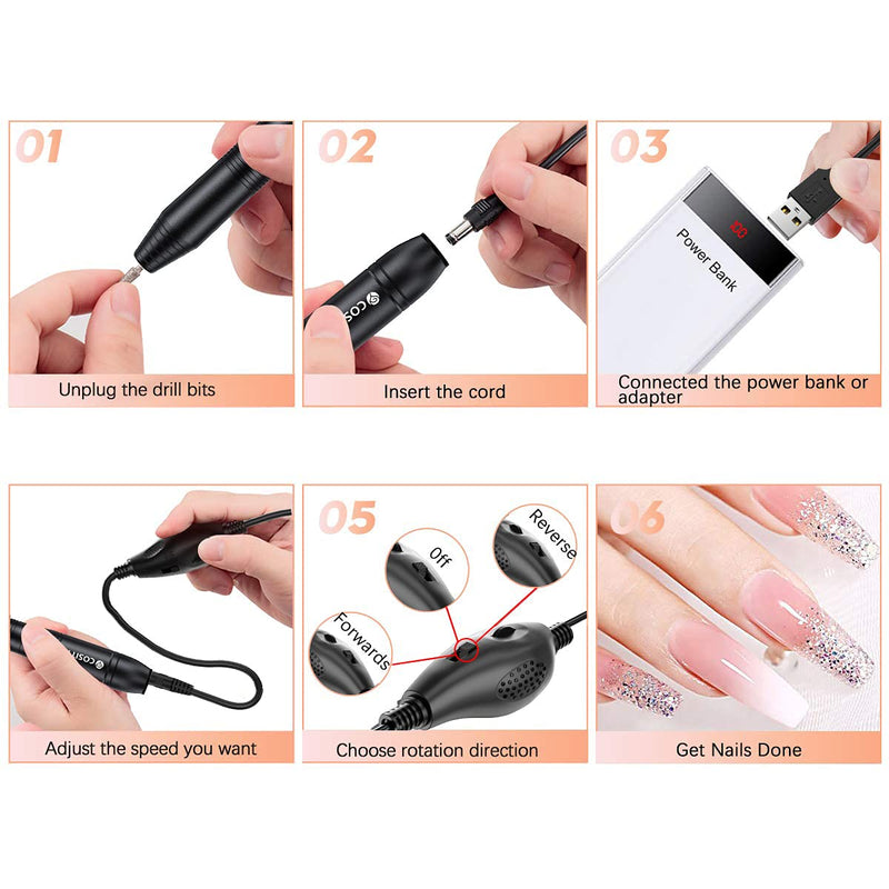 [Australia] - COSITTE Electric Nail Drill, USB Electric Nail Drill Machine for Acrylic Nails, Portable Electrical Nail File Polishing Tool Manicure Pedicure Efile Nail Supplies for Home and Salon Use Black 