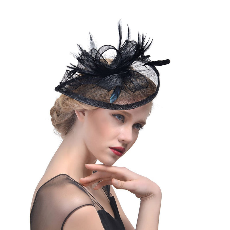 [Australia] - Sinamay Fascinator Hat Mesh Net Feather Cocktail Party Hat Flower Derby Hat for Women Black 