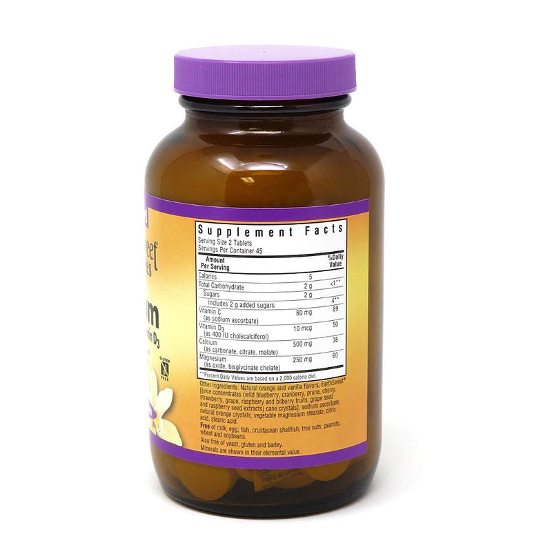 [Australia] - Bluebonnet Nutrition Calcium Magnesium Plus Vitamin D3 Earthsweet, Bone Health & Muscle Relaxation, Soy-Free, Gluten-Free, Kosher, Dairy-Free,90 Orange Vanilla Flavored Chewable Tablets 