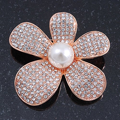 [Australia] - Avalaya Clear Austrian Crystal, Pearl Asymmetrical Flower Brooch in Rose Gold Tone - 50mm Across 