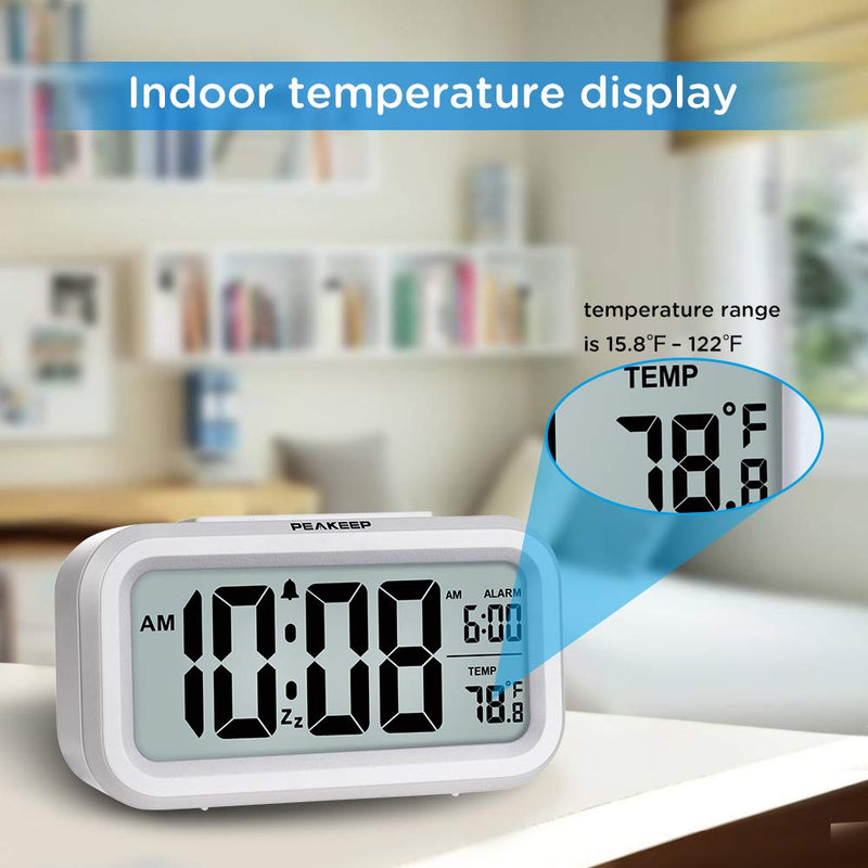 [Australia] - PEAKEEP Smart Night Light Digital Alarm Clock with Indoor Temperature, Battery Operated Desk Small Clock (White) White 