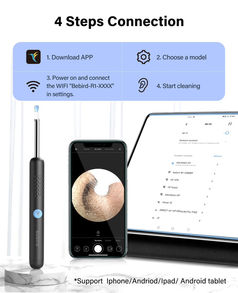 [Australia] - Ear Wax Removal Tool,Bebird Ear Wax Removal Ear Camera,Ear Cleaning Camera,1080P Hd Endoscope, Wireless Ear Cleaner Tools with 6 Led Lights Waterproof Ear Scope Compatible with iPhone & Android Phones Black 