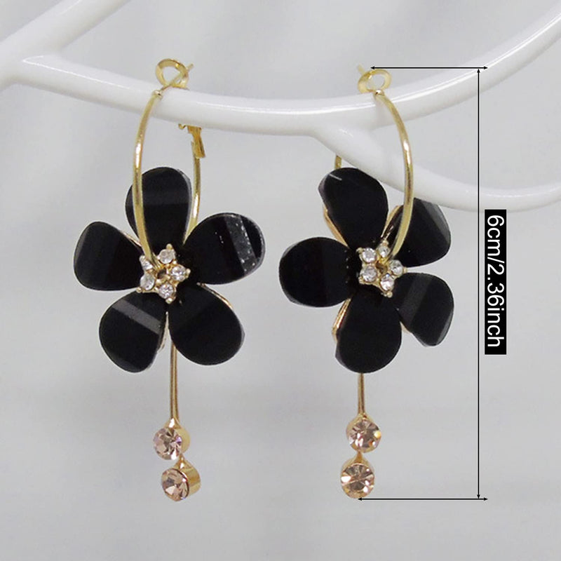 [Australia] - ANDPAI Elegant Romantic Bohemian Crystal Acrylic Rose Flower Dangle Drop Earrings Five Leaves Exaggerated Round Hoop long Tassel Earring for Women Girls Statement Jewelry Gifts Black 