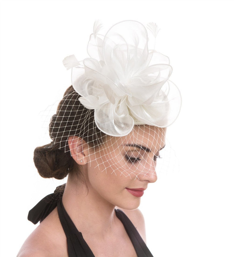 [Australia] - Fascinator Hat Feather Mesh Net Veil Party Hat Ascot Hats Flower Derby Hat with Clip and Hairband for Women A2-white 