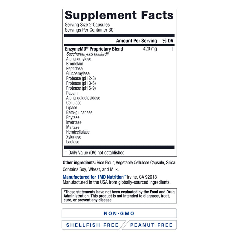 [Australia] - 1MD Nutrition EnzymeMD - Digestive Enzymes Supplement - Doctor Formulated | 18 Plant-Based Enzymes - Gas & Bloating Support | 60 Capsules 60 Count (Pack of 1) 