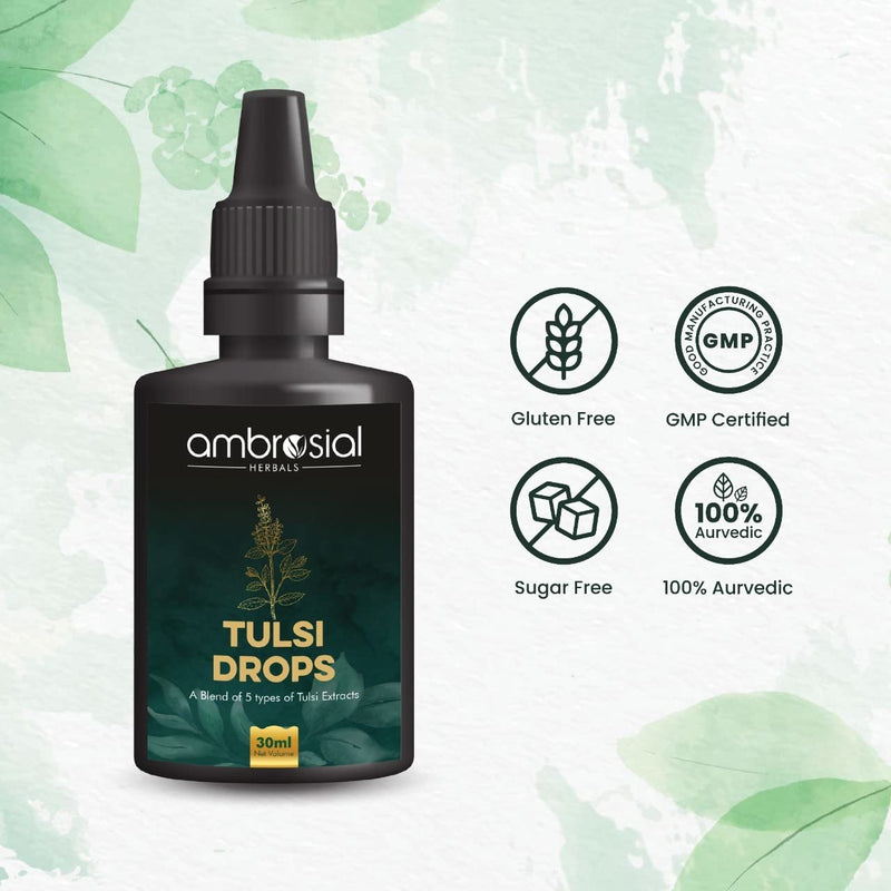 [Australia] - Ambrosial Tulsi Drops Concentrated Extract of 5 Tulsi 30ml | Natural Immunity Booster | Relieves Cough & Cold | Raw Extract of Holy Basil Leaf (30ml) Pack of 1 