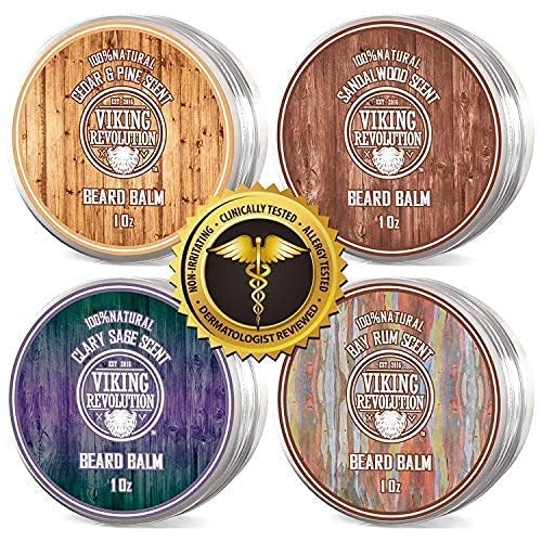 [Australia] - Viking Revolution Beard Balm For Men (4x28g) Variety Pack - Sandalwood, Pine & Cedar, Bay Rum, Clary Sage Beard Wax For Men - Styles, Strengthens & Softens For Healthy Beards 28.35 g (Pack of 4) 