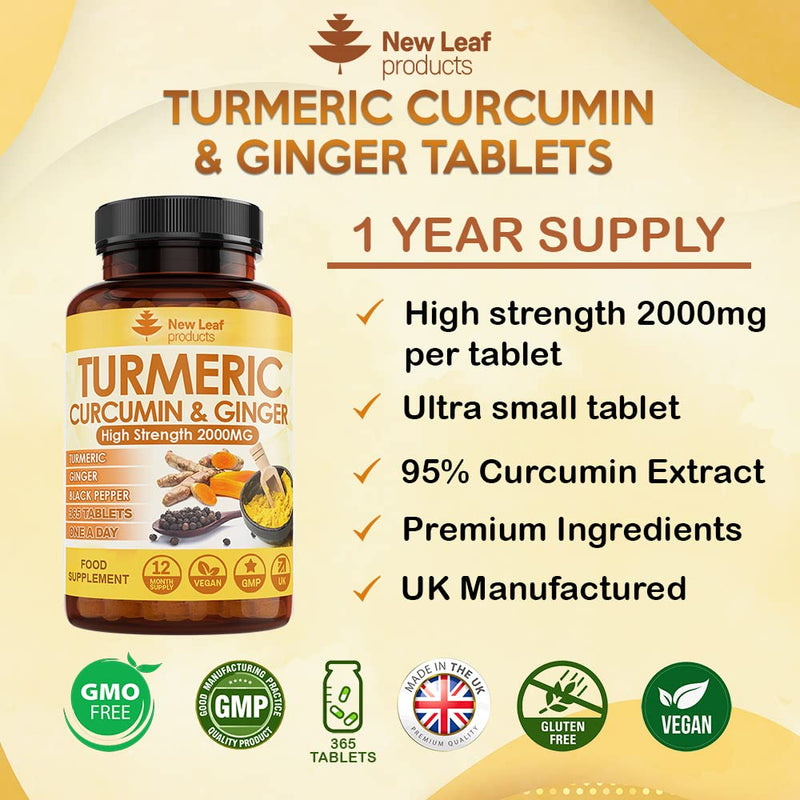 [Australia] - Turmeric Tablets 2000mg High Strength with Black Pepper & Ginger (1 Year Supply) Active 95% Turmeric Curcumin Supplements , Vegan, GMP, GMO Free Gluten Free, UK Made by New Leaf 1 Year Supply 