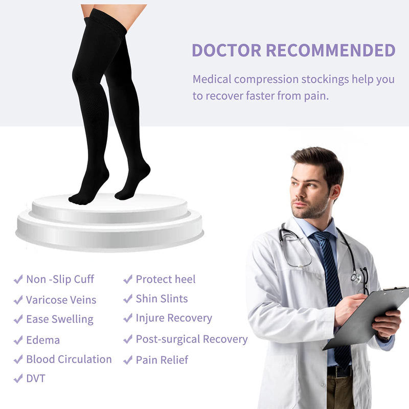 [Australia] - Thigh High Compression Stockings 20-30 mmHg, Closed Toe Socks for Women & Men Black Large 