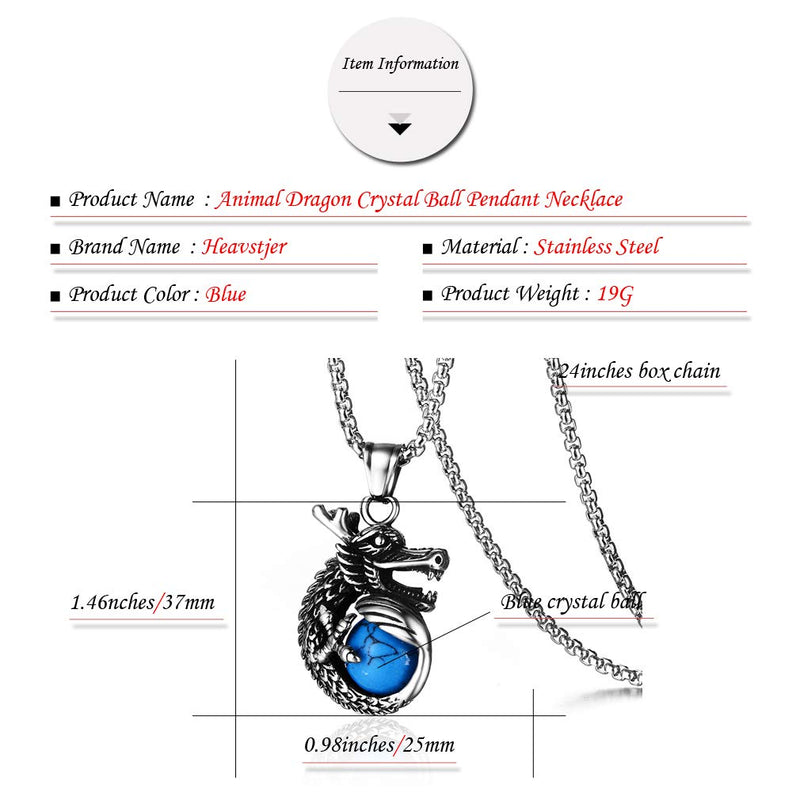 [Australia] - Heavstjer Punk Rock Stainless Steel Dragon Pendant Crystal Ball Necklace,24inches Link Chain Steel Dragon/Blue Crystal Ball 