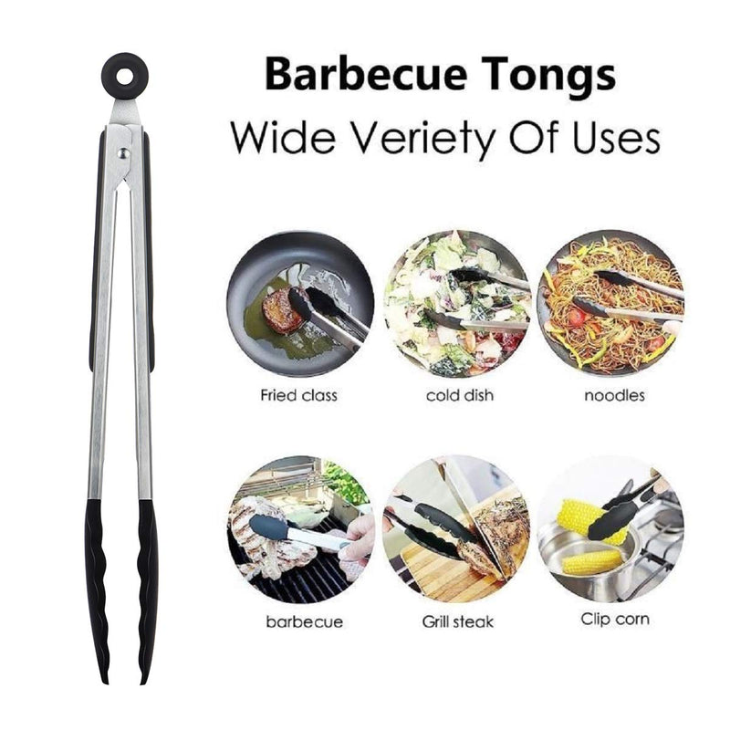 [Australia] - iNeibo Kitchen Tongs - 9'' & 12'' Non-Slip Smart Locking Stainless Steel Cooking Tongs with Silicone Tips for Grilling BBQ Serving Salad Ice (Black) Black 