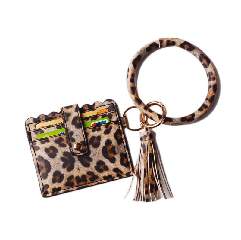 [Australia] - Lantintop Multifunctional Bangle Key Ring Card Holder PU Leather Round Keychain With Matching Wristlet Wallet For Women Girls A-leopard 