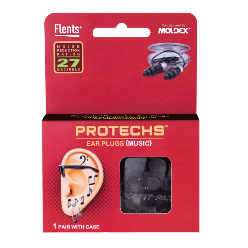 [Australia] - Flents Protechs Reusable Music Ear Plugs, Perfect For Concerts, Reduces Pressure And Background Noise, 1 Pair With Travel Size Case, Easy Use With Comfort Fit, NRR 27, Black, Made In The USA 