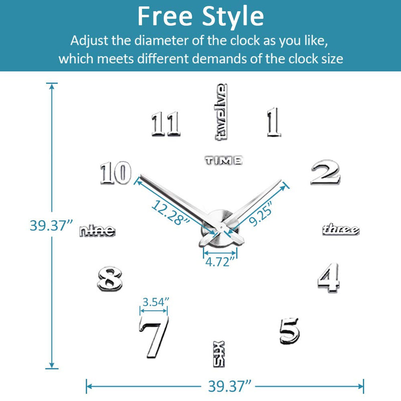[Australia] - Mintime Modern Frameless DIY Wall Clock Large 3D Wall Watch Mirror Numbers for Home Office Decorations Silver-002 