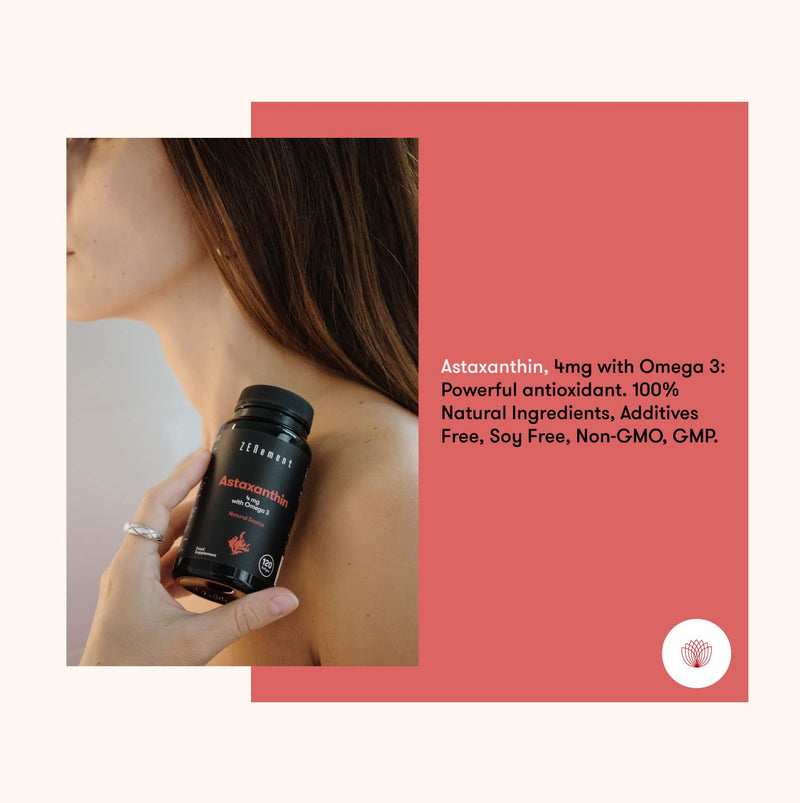[Australia] - Astaxanthin, 4mg with Omega 3, 120 Softgels | Natural Source | Powerful antioxidant | 100% Natural Ingredients, Additives Free, Soy Free, Non-GMO, GMP | Zenement 