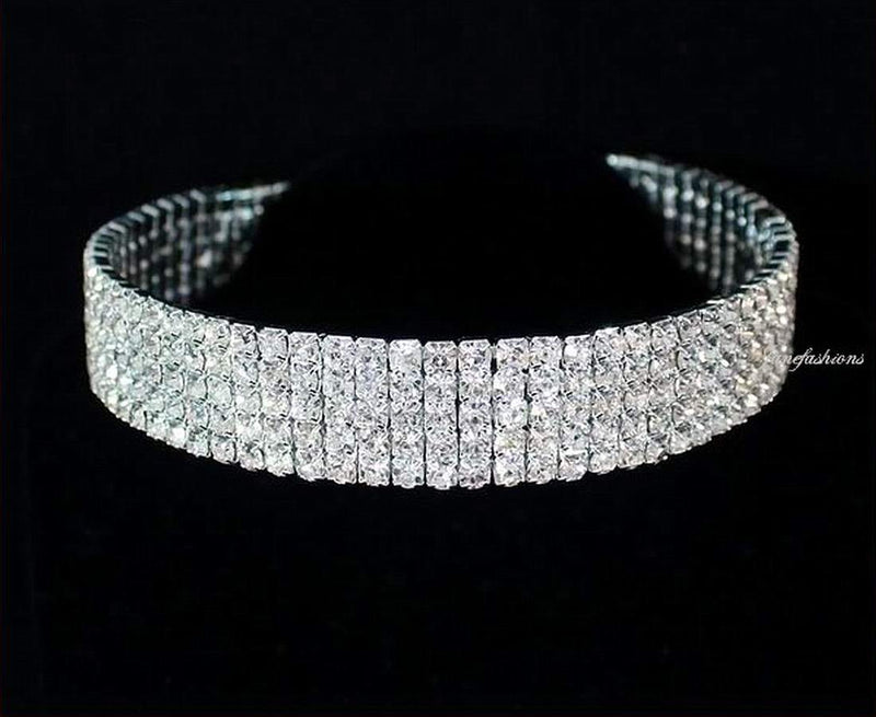 [Australia] - 5-row Five Rows Clear White Austrian Rhinestone Crystal Choker Collar Necklace Dance Party Jewelry Wedding Prom N060 Silver 