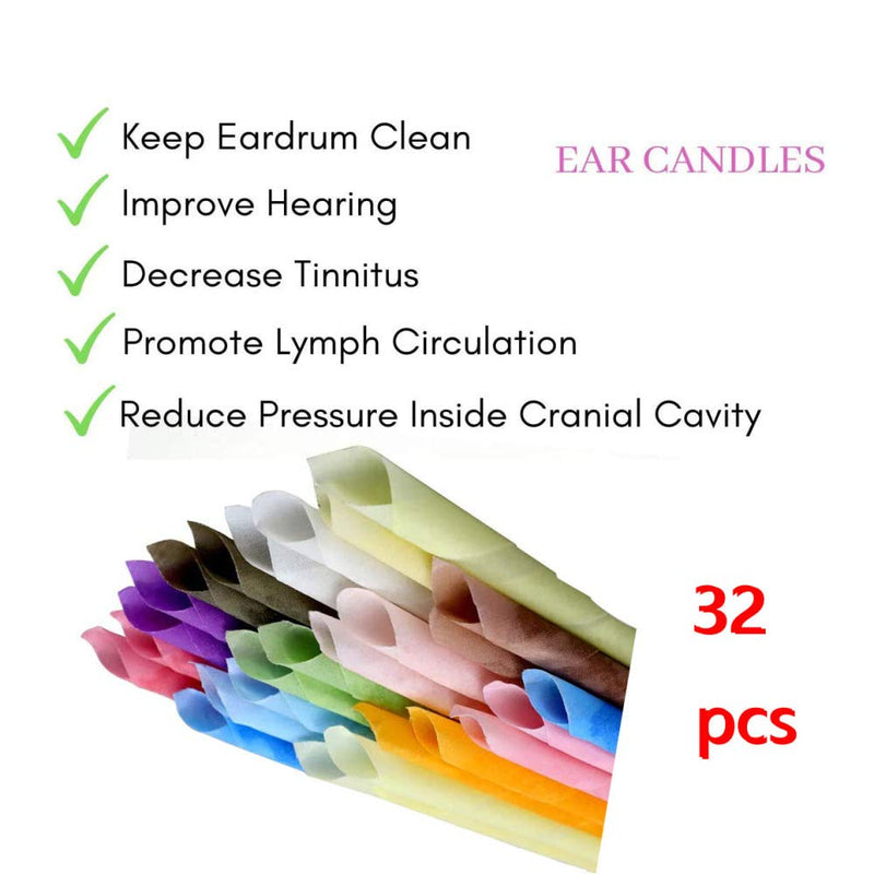 [Australia] - All Natural Ear Candles Beeswax Candling Cones - 32 Pcs (8 Colours), Organic Non-Toxic Cylinders Fragrance Hollow Cone Candles with 8 Protective Disks (32 pcs) 
