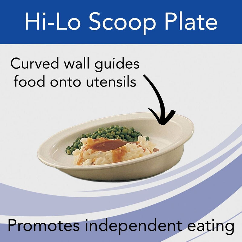 [Australia] - Sammons Preston - 33887 Hi-Lo Scoop Plate, 9" Scooped Dish with Wall, Non-Slip ADL Eating Aid for Children, Elderly, Disabled, Non Skid Cutlery Assistance Device for Motor Control, Scooper Bowl 