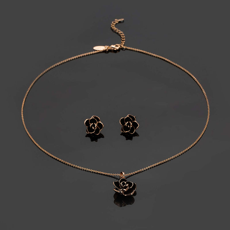 [Australia] - Rose Flower Necklace Earrings Set for Women 18K Gold Plated Hypoallergenic Jewelry Sets Black 