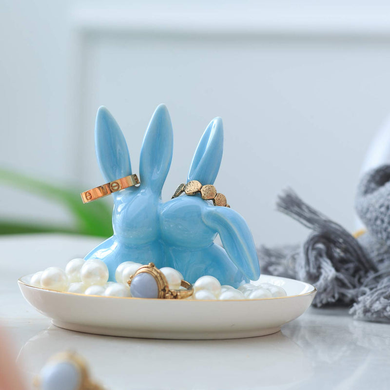 [Australia] - Vellarr Adorable Bunny Ring Holder Jewelry Tower Ceramic Dish Plate Jewel Display Organizer Trinket Tray, Lovely Rabbit (Blue) Blue 
