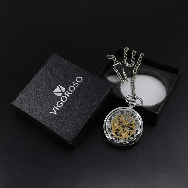 [Australia] - VIGOROSO Mens Classic Steampunk Pocket Watch Gold Skeleton Hand Wind Mechanical Watches in Box 