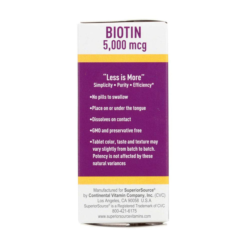 [Australia] - Superior Source Biotin 5000 mcg Vitamins & Minerals Unisex Sublingual Instant Dissolve Tablets for Hair, Skin, and Nails Growth - 100 Count 