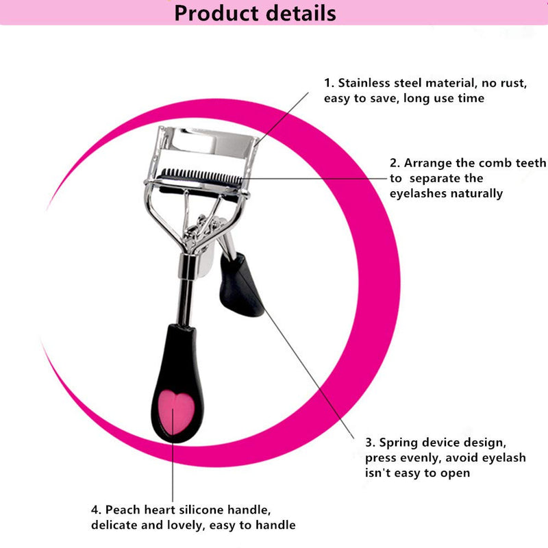 [Australia] - Stainless Steel Eyelash Curler With Built-in Comb Pinch Pain-Free Suitable for Any Eye Shapes and Sizes, With 5 Silicone Refill Pad (Black) Black 