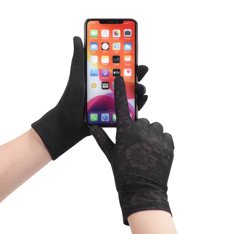 [Australia] - Ladies Summer UV Protection Driving Gloves Soft Cotton Gloves Breathable Thin Full Finger Gloves Style 1-black 