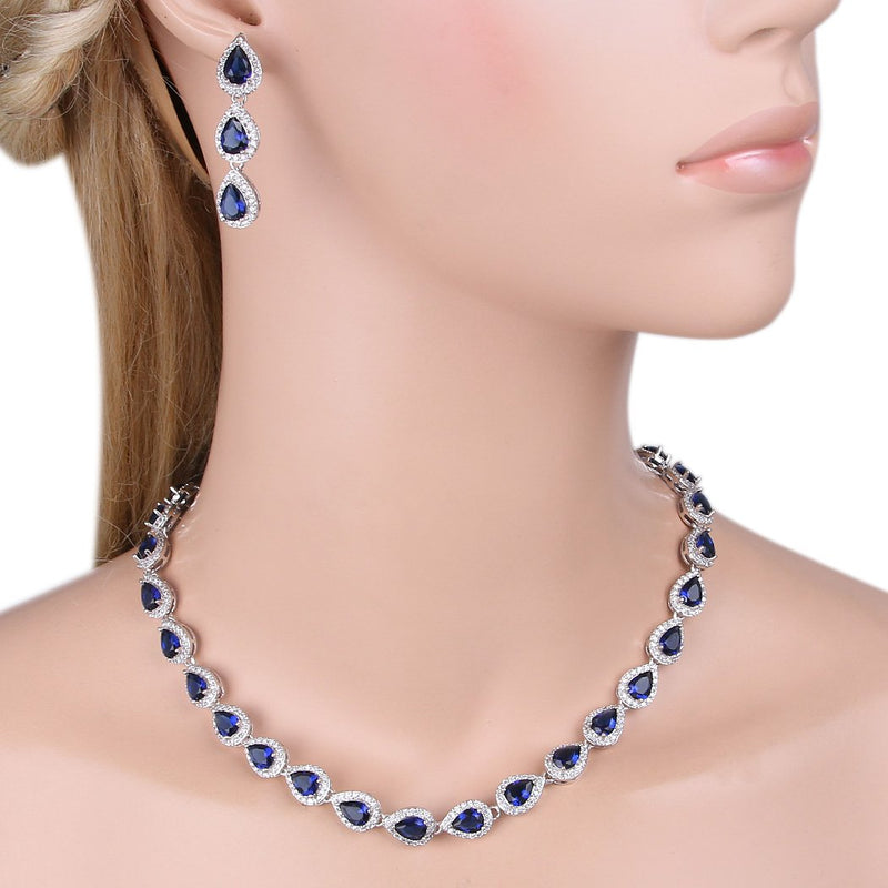 [Australia] - EVER FAITH Women's Full CZ Elegant Teardrop Necklace Earrings Set Silver-Tone Blue 