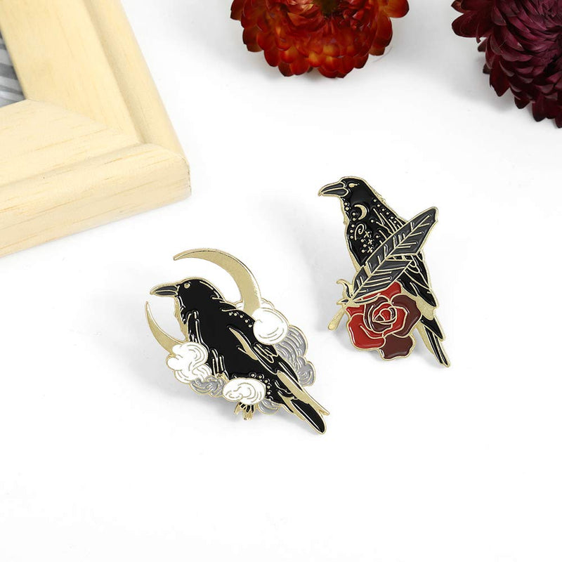 [Australia] - Black Crow Enamel Pins Set Art Rose Moon Lapel Pin Cute Aesthetic Badges for Children Women Backpack Shirt Denim Bag 2pcs 