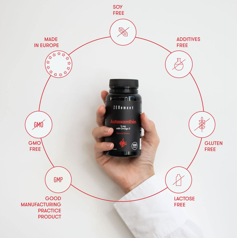 [Australia] - Astaxanthin, 4mg with Omega 3, 120 Softgels | Natural Source | Powerful antioxidant | 100% Natural Ingredients, Additives Free, Soy Free, Non-GMO, GMP | Zenement 