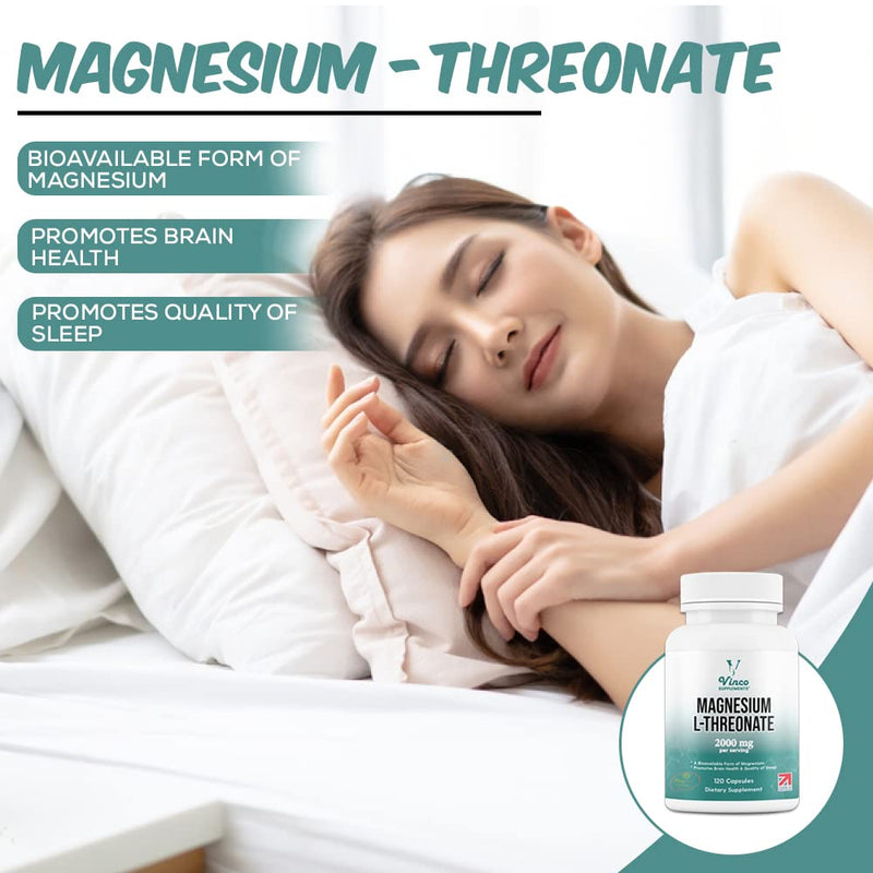 [Australia] - Vinco Magnesium L-Threonate Supplement - 120 High Strength Magnesium L Threonate Capsules - 2000mg Bioavailable Form of Magnesium per Serving - Non-GMO & Gluten Free � Made in The UK 