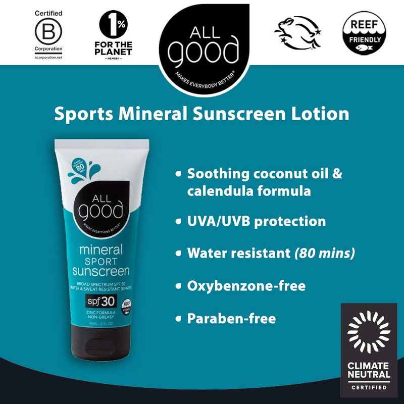 [Australia] - All Good Sport Face & Body Sunscreen Lotion - UVA/UVB Broad Spectrum SPF 50+, Water Resistant, Coral Reef Friendly - Zinc, Shea Butter, Coconut Oil, Aloe (3 oz)(2-Pack) 3 Fl Oz (Pack of 2) 