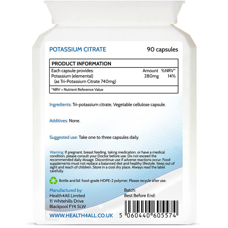 [Australia] - Potassium Citrate 740mg 90 Capsules (V) High Elemental Potassium. Purest: no additives. Vegan. Made by Health4All 90 Count (Pack of 1) 