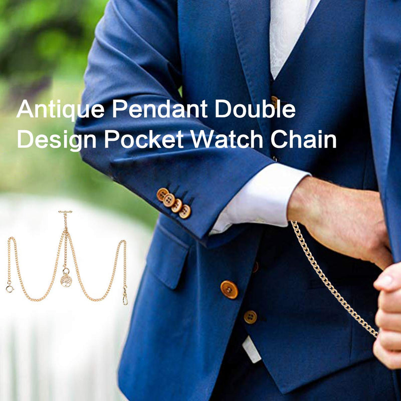 [Australia] - SIBOSUN Pocket Watch Double Albert Chain T Bar Watch Chain 3 Hook Antique Fob Curb Link Chain for Men with Life Tree Pendant Design 1 Gold 