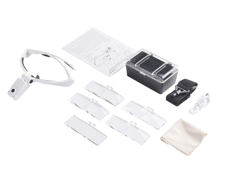 [Australia] - Beileshi Headband Magnifying Glasses with Rechargeable LED Lampstents and Headband Interchangeable Magnifier 5 Magnification of Lenses: 1.0X 1.5X 2.0X 2.5X 3.5X White 