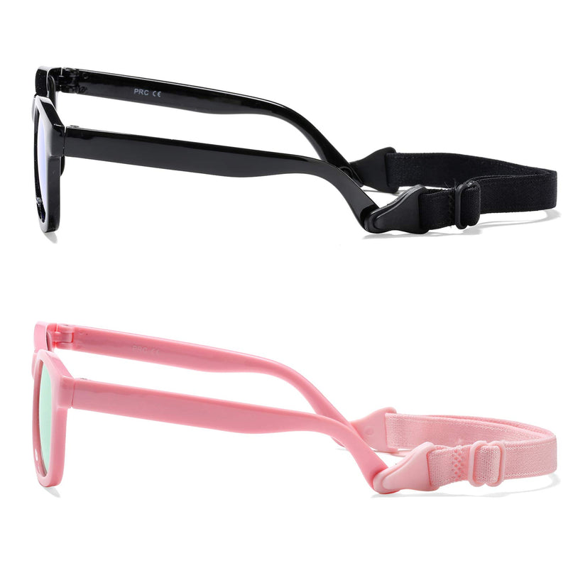 [Australia] - COASION Bendable Flexible Polarized Newborn Baby Sunglasses with Strap for Infant age 0-12 Months 2 Pack, Black/Green Mirror + Pink/Pink Mirror 1.53 Inches 