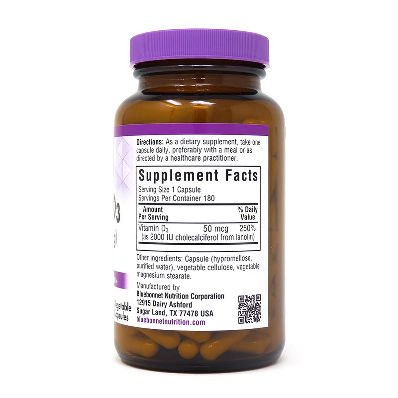 [Australia] - Bluebonnet Nutrition Vitamin D3 2000 IU Vegetable Capsule, Aid in Muscle and Skeletal Growth, Cholecalciferol from Lanolin, D3, Non GMO, Gluten Free, Soy Free, Milk Free, Kosher, 180 Vegetable Capsule 