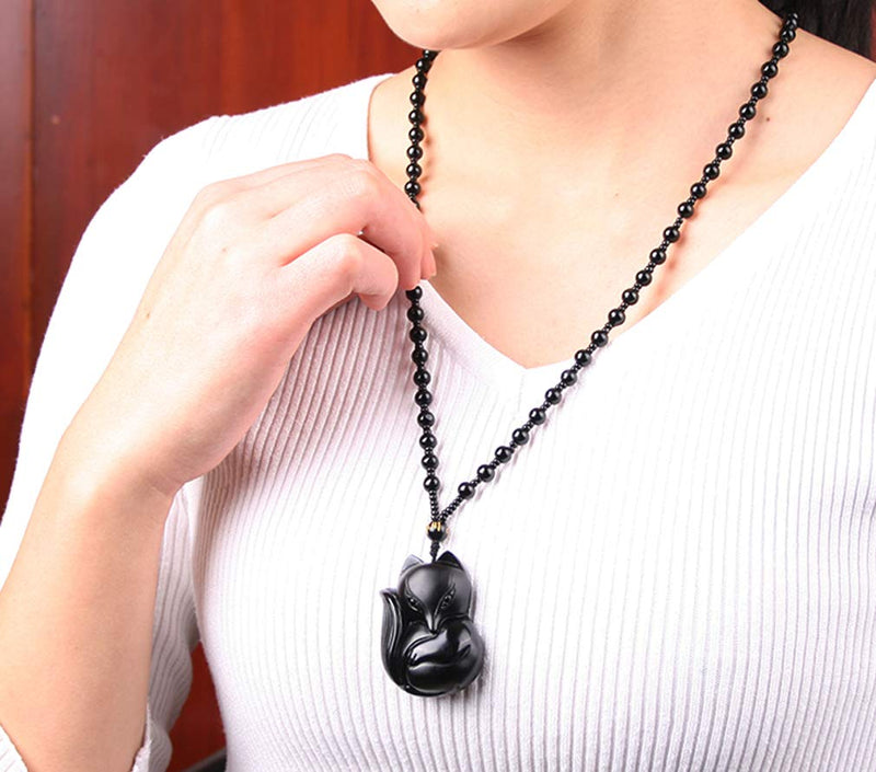 [Australia] - Pure Natural Obsidian Pendant Necklace Obsidian Crystal Pendant Necklace Pattern with Extend Bead Chain for Men or Women fox 